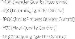 ‧VQA (Vender Quality Assurance) ‧IQC(Incoming Quality Control) ‧IPQC(Input Process Quality Control)‧FQC(Final Quality Control)‧OQC(Outgoing Quality Control)